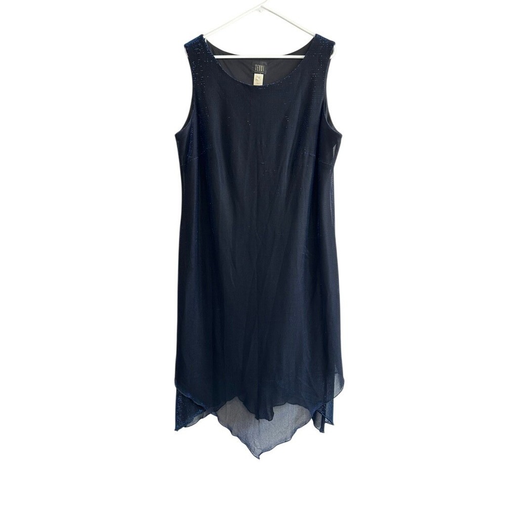 Vintage Retro Navy Blue Metallic Mesh Handkerchief Hem Cocktail Dress Whimsical